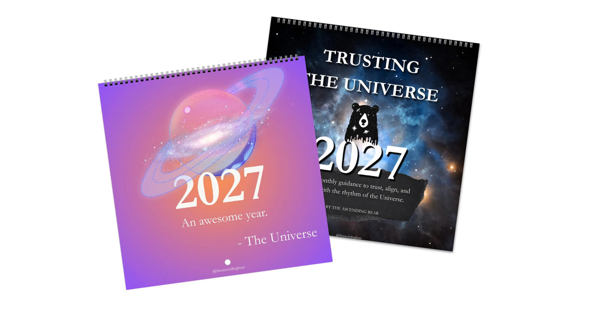 Two spiral-bound 2027 wall calendars shown on a white background. The front calendar has a purple-to-pink cosmic cover with a planet and the text '2027' and 'An awesome year - The Universe.